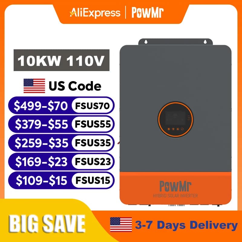 PowMr 16KW 10KW Split Phase Inverter 110V or 220V Hybrid Solar Inverter 48V Dual MPPT Output Off Grid Inverter with MPPT 200A Solar Battery Charger Parallel Up to 6 Units