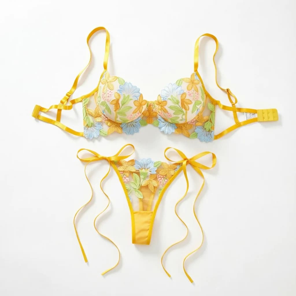 Vibrant Floral Embroidered Lingerie Set Women Mesh Underwire Bra With Side Bow Thong Romantic Intimates ZA825291