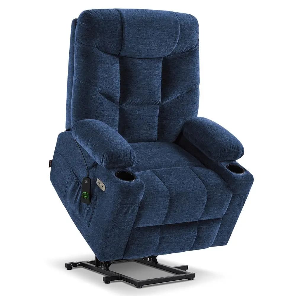 Poltrona reclinabile con sollevamento elettrico e poggiapiedi esteso per anziani, tessuto 7283 blu navy, grande