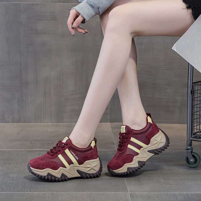 Sneakers da Donna Stile Dad Shoes in Vera Pelle con Fodera in Pile, Casual Sportive con Suola Spessa, Alla Moda con Lacci Piatti per Autunno Inverno