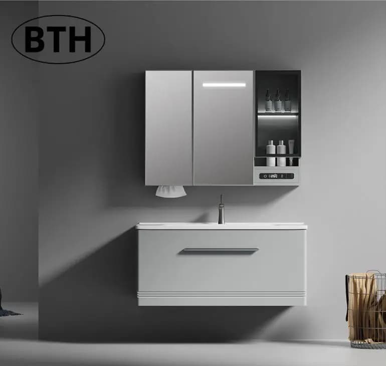 Modern Simple Design Floating Bathroom Vanity with LED Mirror Stainless Steel Wall Mount Bathroom Cabinet Set Ceramic Basin