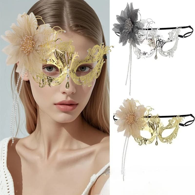 Nuova vendita calda metallo lato fiore diamante ferro battuto nappa mezza maschera da donna festa di carnevale maschera da ballo forniture per feste