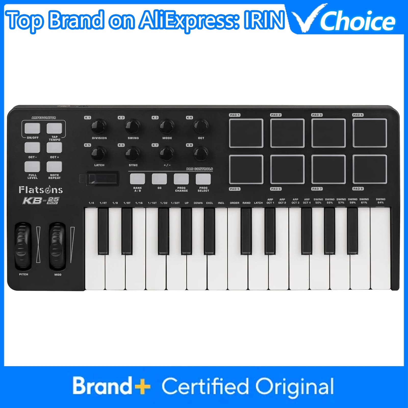 Tastiera controller MIDI IRIN KB-25 Mini con tastiera semi-pesata professionale dinamica e 8 drum pad, 8 manopole personalizzabili e arpeggiatori
