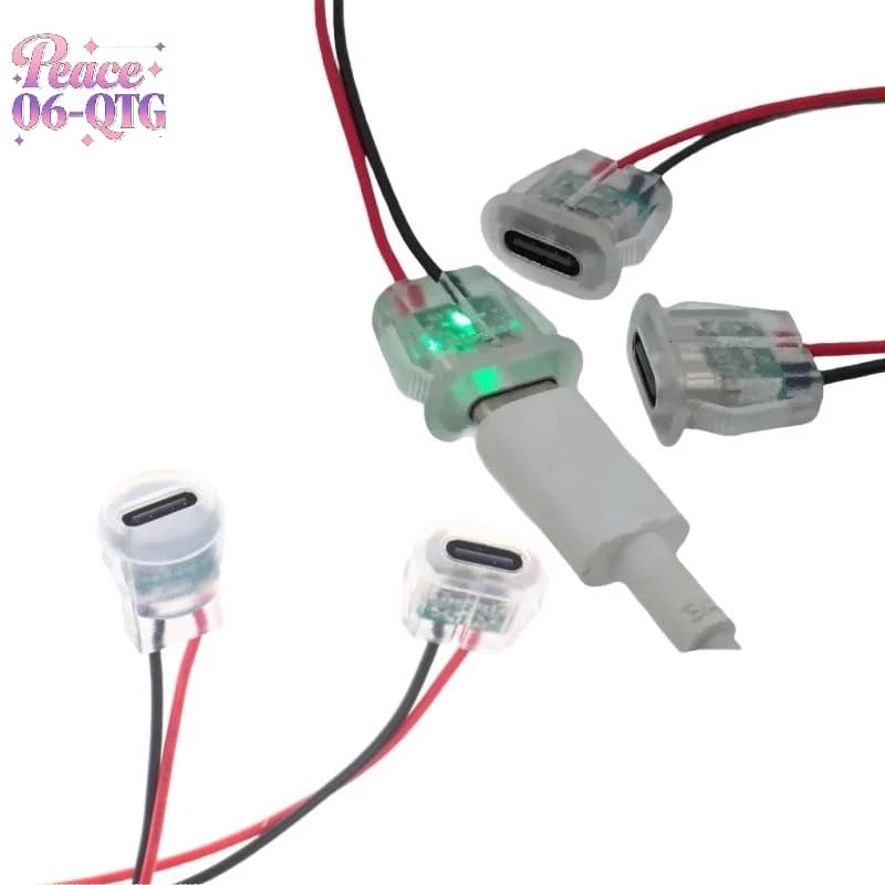 5 connettori femmina impermeabili USB-C trasparenti a 2 pin con luci LED, presa di ricarica di tipo C