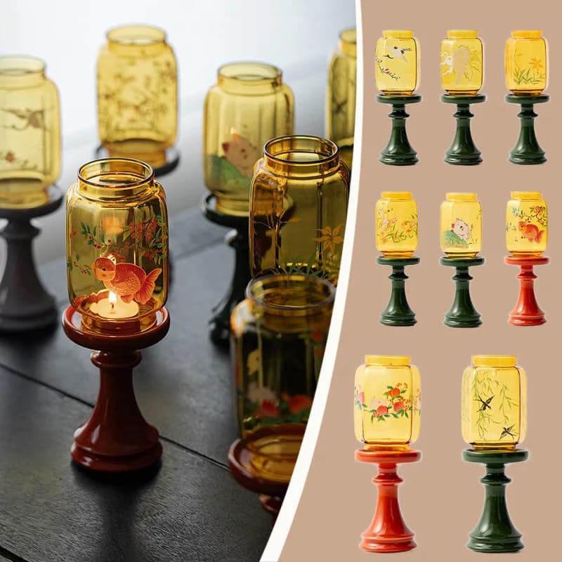 Chinese Vintage Candlestick Ancient Style Printed Windproof Glass Cover- Ceramic Base Incense Candlestick Stand Home Ornament