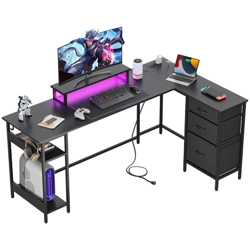 Scrivania a L con Cassetti, Scrivania da Gaming a L con Prese di Corrente, Luci LED, Supporto per Monitor, Tavolo per Computer, Grande Scrivania Angolare