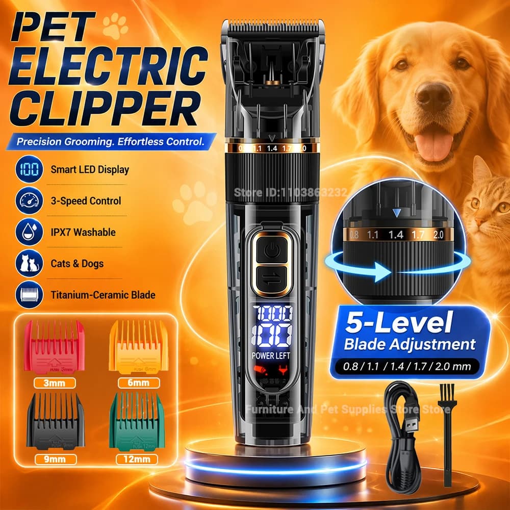 Electric Pet Grooming Clipper with Smart Display, Three-Speed Dog Hair Clipper, Waterproof Transparent Housing, Cat Hair Clipper