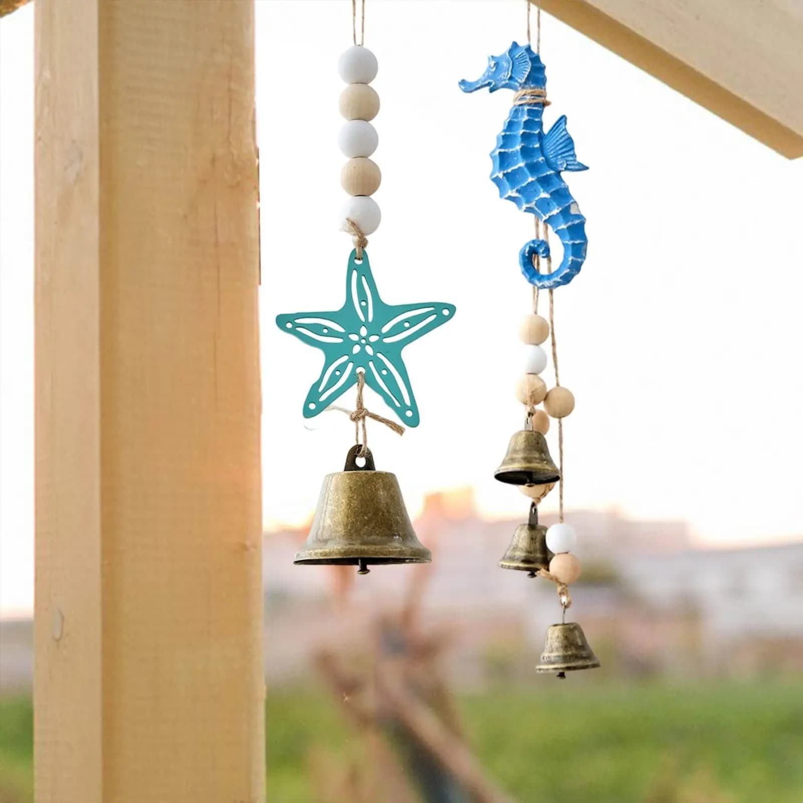 Blue Mediterranean Bell Pendants Wood Starfish Wind Chimes Pendant Window Hanging Bells Beach Party Home Patio Decor