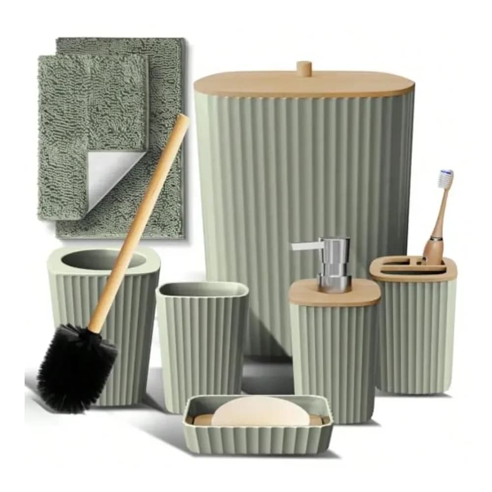 Set da Bagno Clark Verde Salvia, Set di Accessori per il Bagno 6 Pezzi, Set da Bagno con Tappetini e Spazzola per WC
