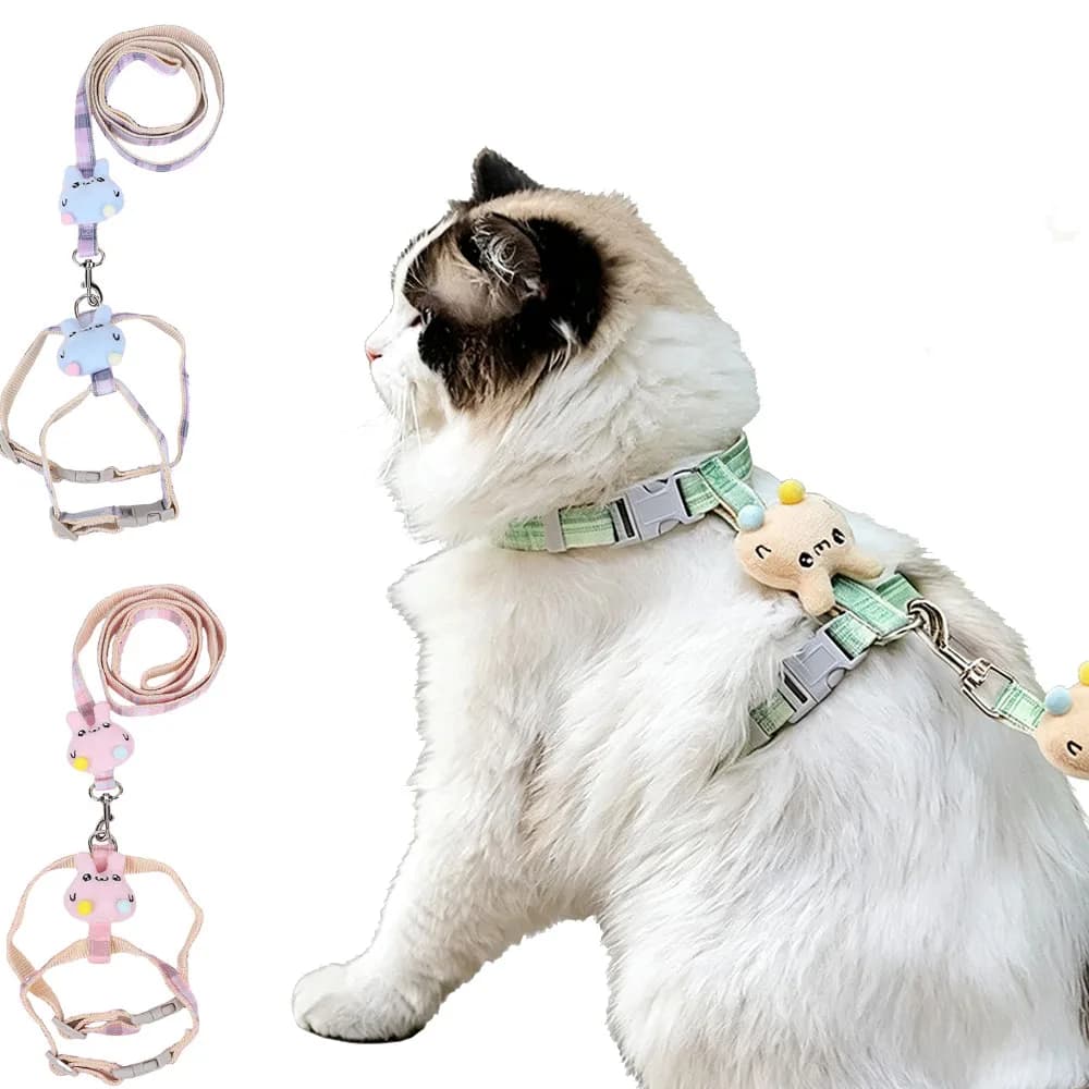 Cute Plaid Cat Harness and Leash Set, Soft Adjustable Pet Vest Harness with Cartoon Pendant,Harness for Cats and Dogs, Rabbits