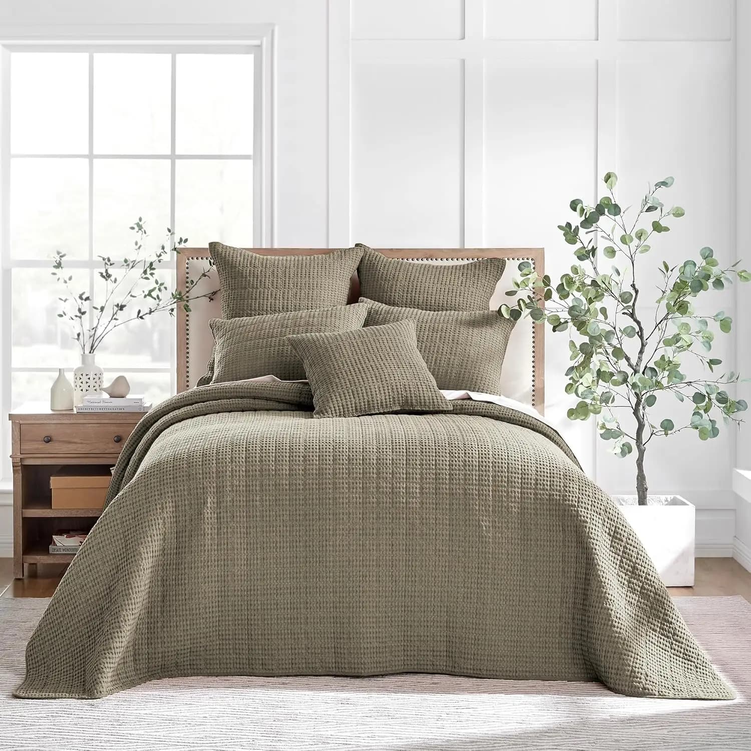 Set Copriletto King Size a Nido d'Ape con Federe, Cotone Taupe, Morbido Pre-Lavato - 122x106 pollici