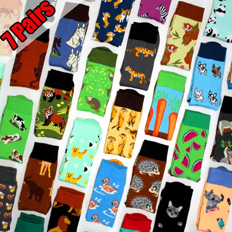 7 Pairs New Long Men Socks Cartoon Animal Sloth Fox Elephant Hedgehog Cat Raccoon Koala Zebra Carrot Creative Women Socks 36-44