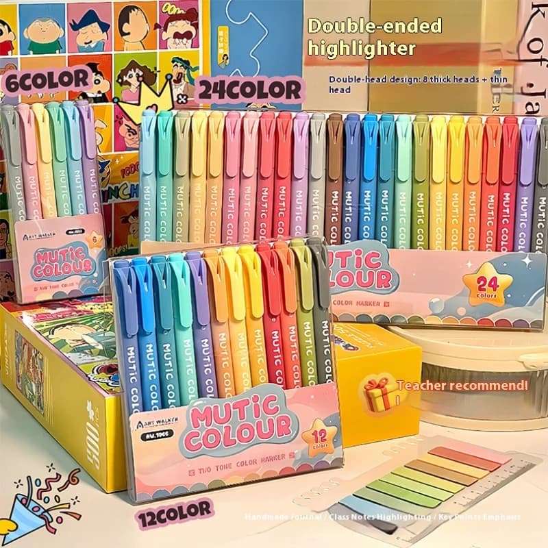 Evidenziatori a doppia testa 6/12/24 colori Punta da 1/4 mm per quaderni degli studenti Segni chiave della riunione Note di studio Materiale scolastico
