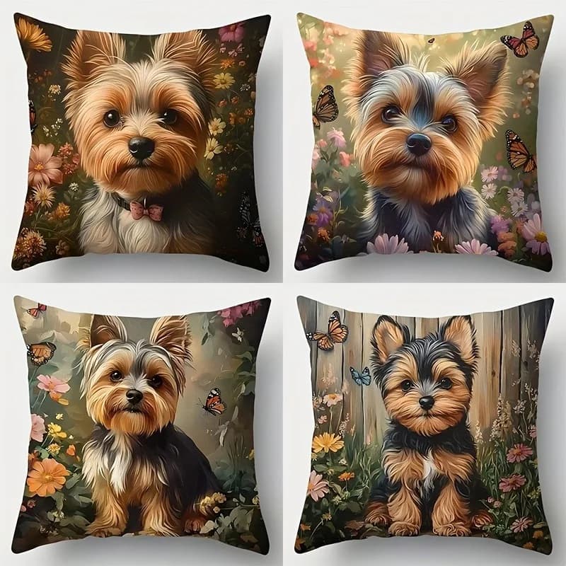 Fodere per cuscini con stampa Yorkshire Terrier in Floral Garden, fodera per cuscino del divano del soggiorno, morbida e confortevole, decorazione per la camera da letto