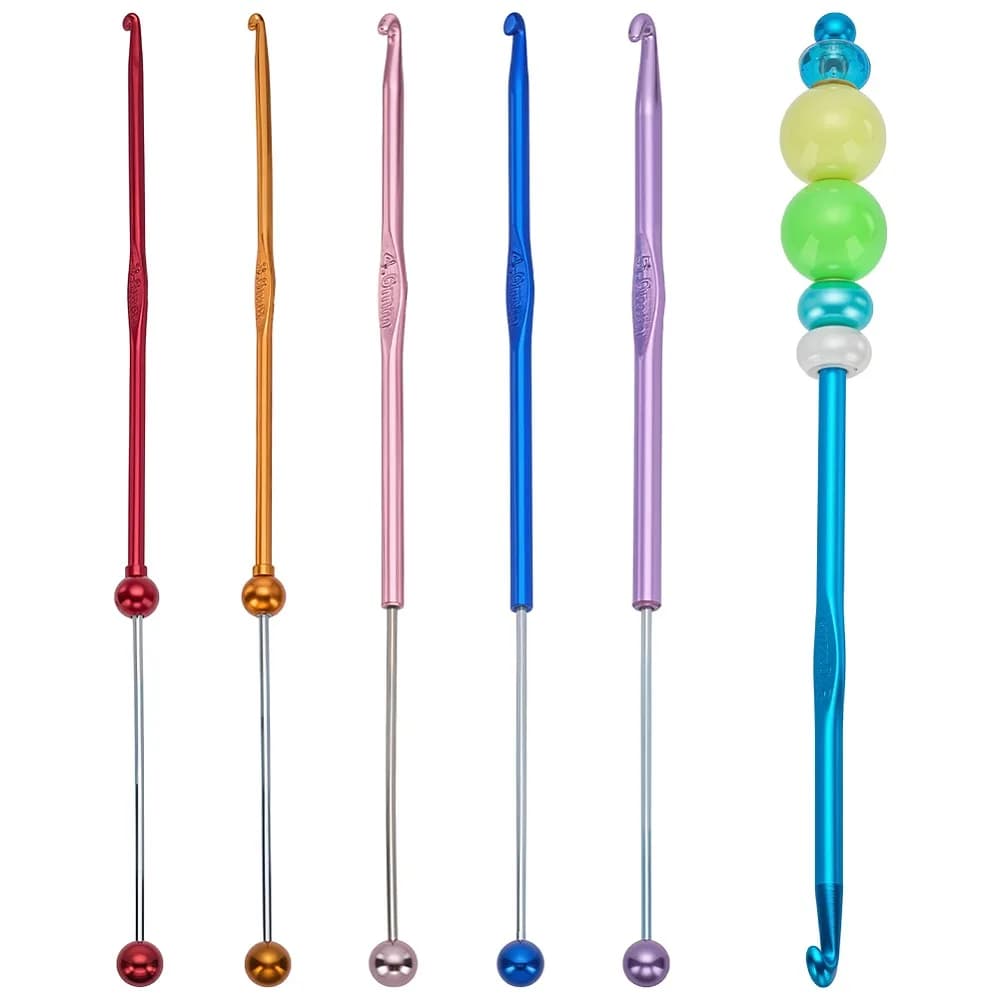 6Pcs 6 Colors 201 Stainless Steel Beadable Crochet Hooks Mixed Color 188x3~8mm 1pc/color