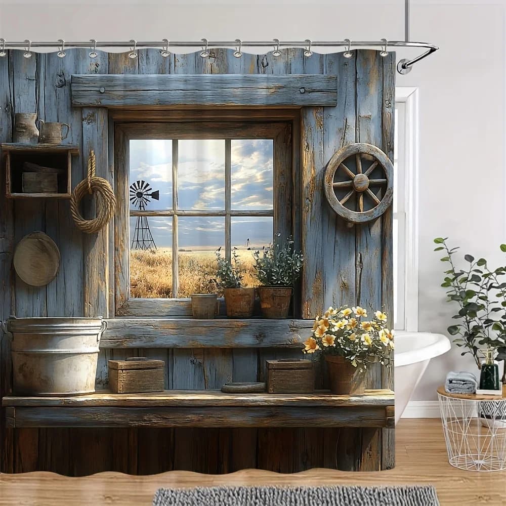 Elegante tenda da doccia impermeabile con finestra rustica per fienile – perfetta per l'aggiunta di un fascino accogliente e vintage per l'arredamento del bagno