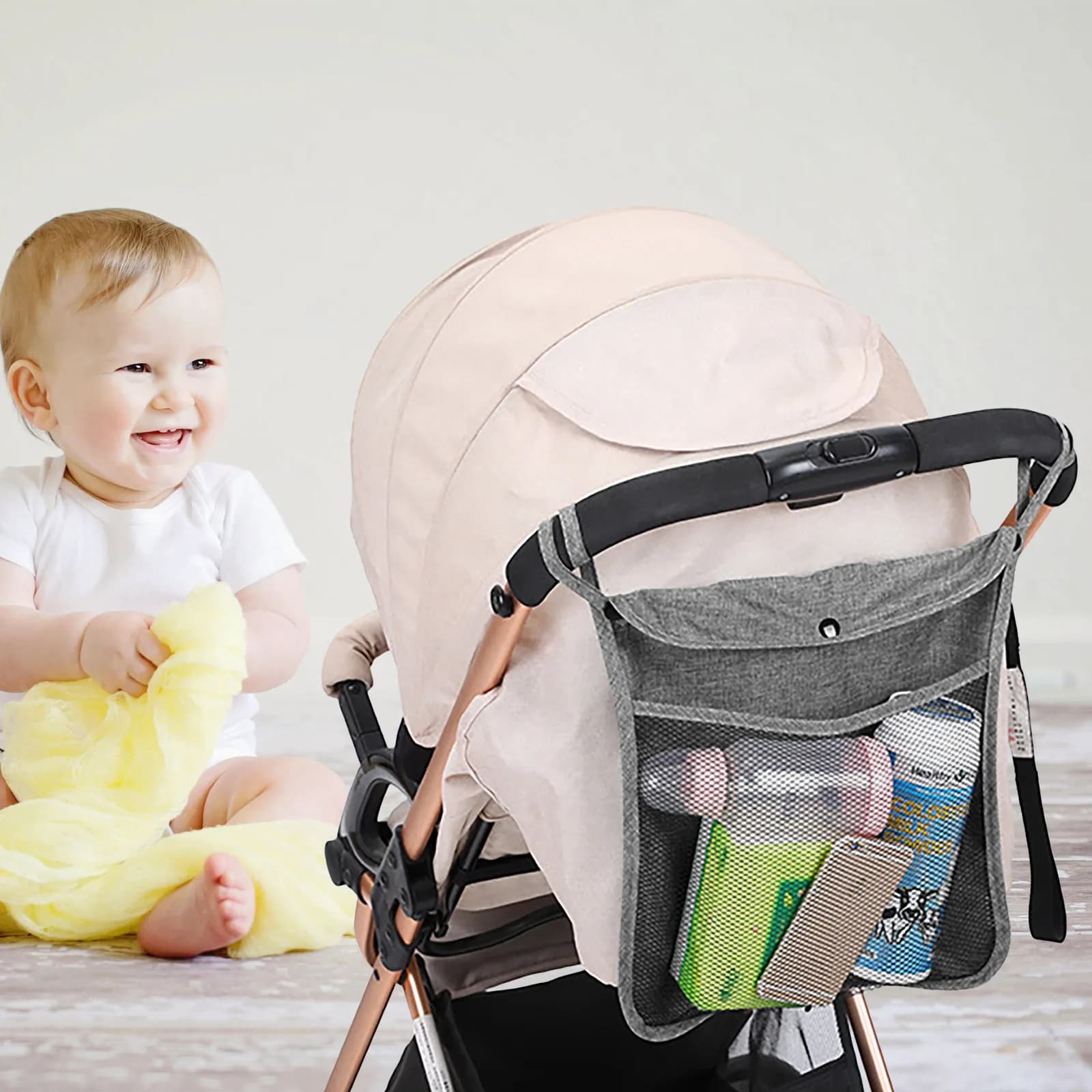 Borsa Organizer Universale in Rete per Passeggino, Portaoggetti per Pannolini, Asciugamani, Snack, Organizzatore da Viaggio per Carrozzina
