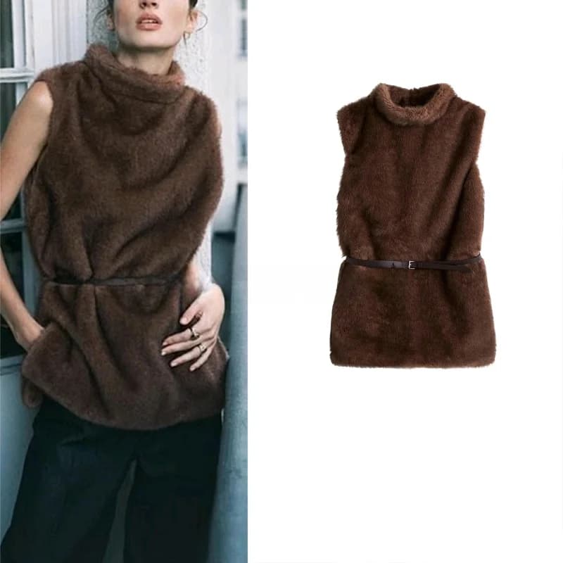 Nuovo Gilet Effetto Pelliccia Sintetica da Donna Autunnale con Collo Alto e Cintura Stile Old Money Top 305664 100% Fibra di Poliestere Colore Commute