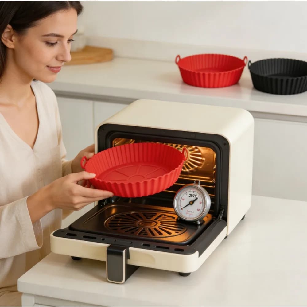 Reusable Silicone Air Fryer Liner with Handles Non-Stick Round Air Fryer Basket Tray Heat Resistant Baking Mat