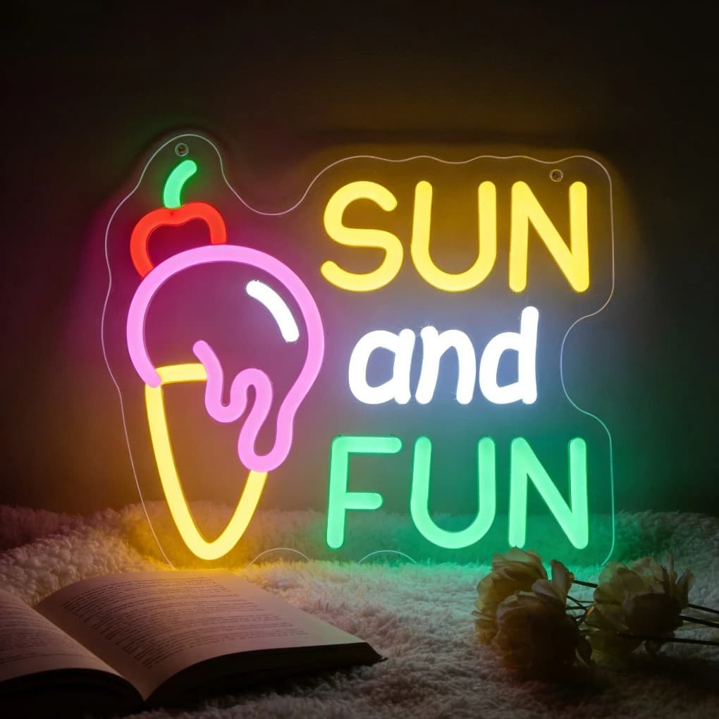 Insegna Luminosa al Neon LED Dimmerabile USB 'Ice Cream Sun and Fun' per Decorazione Murale, Ideale per Camerette Bambini, Feste di Compleanno, Decorazioni Estive per Bar
