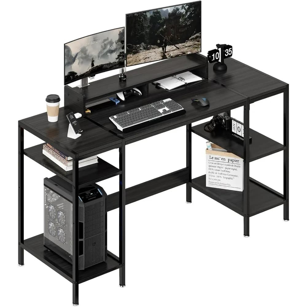 Scrivania da gioco nera da 55 pollici con supporto per monitor Home Office per 2 monitor Scrivania con spazio di archiviazione regolabile