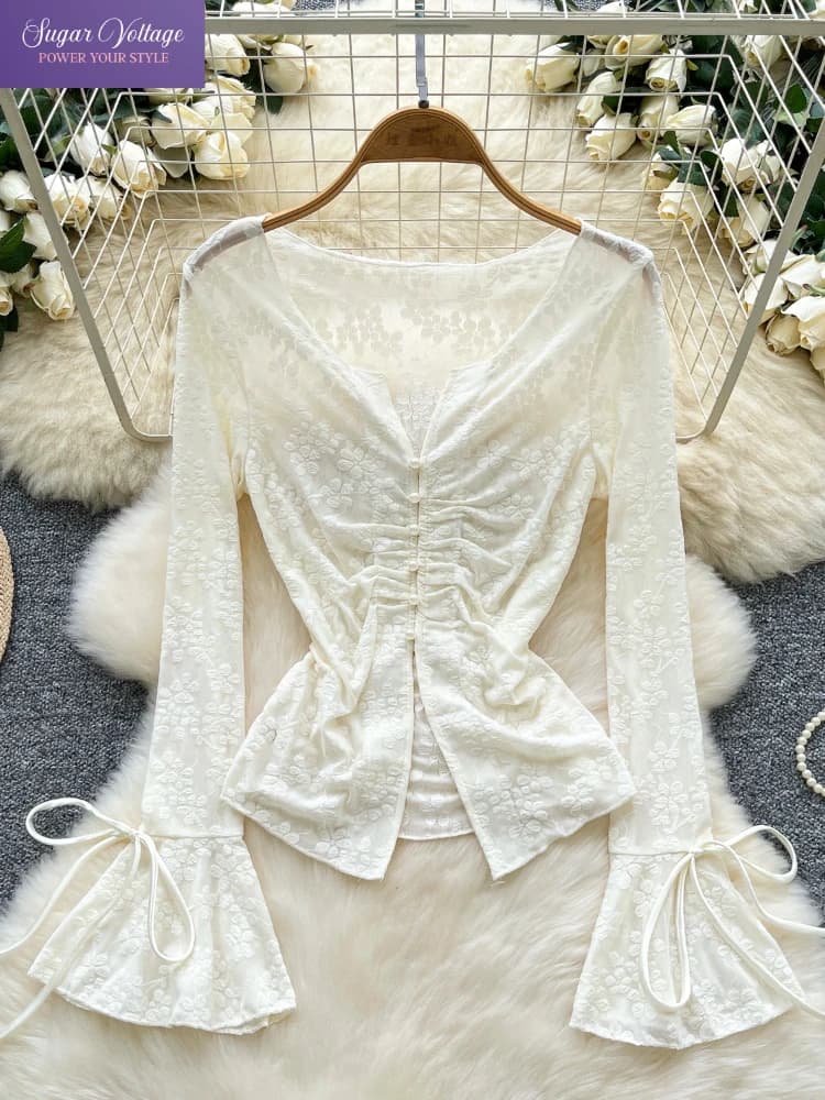 Camicetta di pizzo da donna in stile francese dolce ed elegante con scollo a V profondo con coulisse in vita e maniche svasate Dettagli alla cravatta Camicia da festa romantica