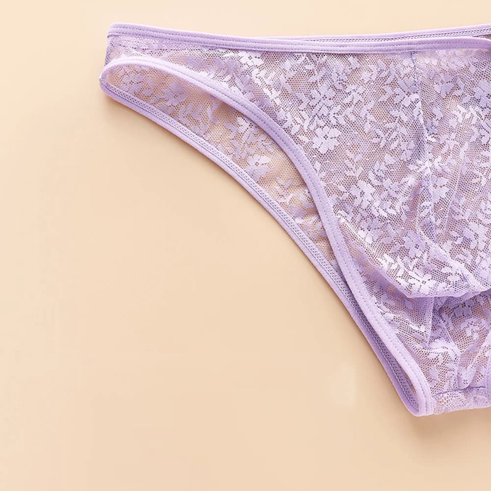 Slip bikini da uomo estivi, sottili, morbidi, in pizzo jacquard, trasparenti, a vita bassa, con dettagli traforati.