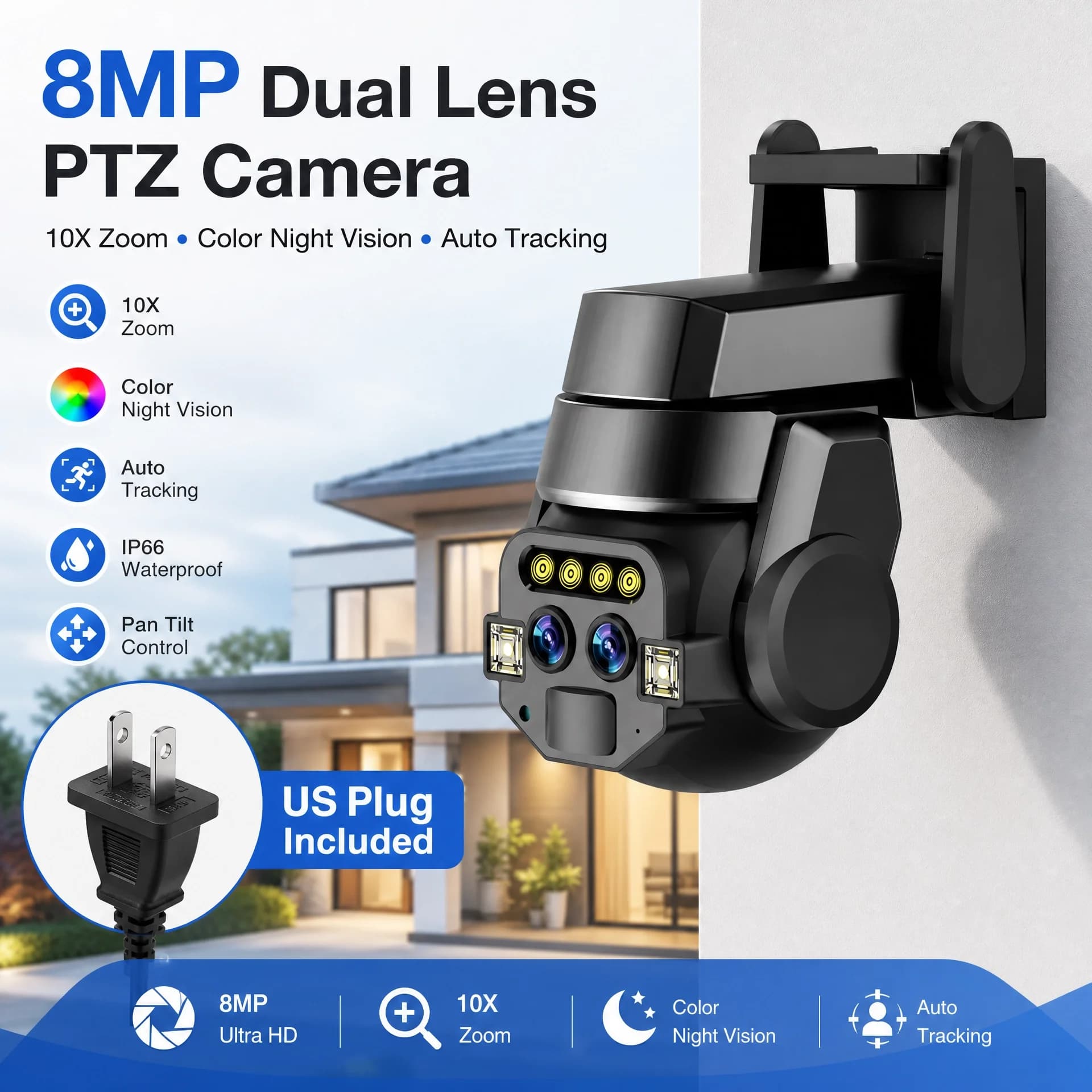 8MP 4K Dual Lens WiFi PTZ Security Camera Outdoor CCTV IP Camera 10X Zoom Auto Tracking Color Night Vision Wireless Surveillance Camera for Home Yard Front Door