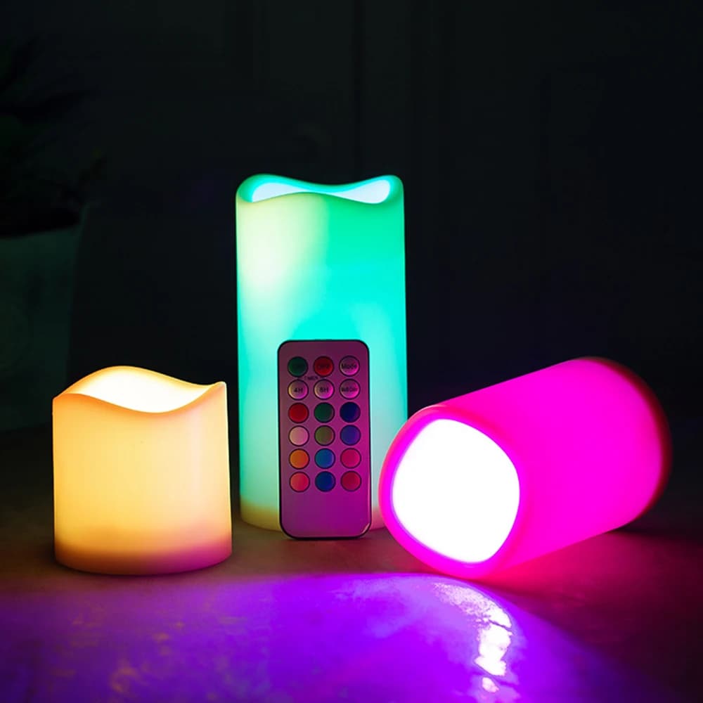 Set di 3 Candele LED Senza Fiamma con Effetto Tremolante, Candele a Colonna LED con Cambio Colore, Telecomando a 18 Tasti, Timer e Funzionamento a Batteria