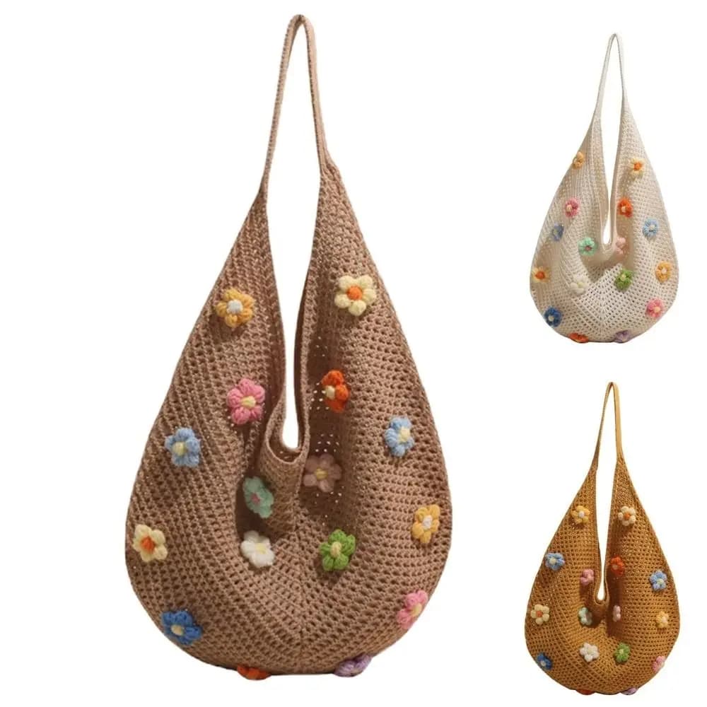 Fashion Flower Knitted Shoulder Bag Lightweight Material Bohemian Style Tote Handbag Hollow Out Crochet Knit Bag Women