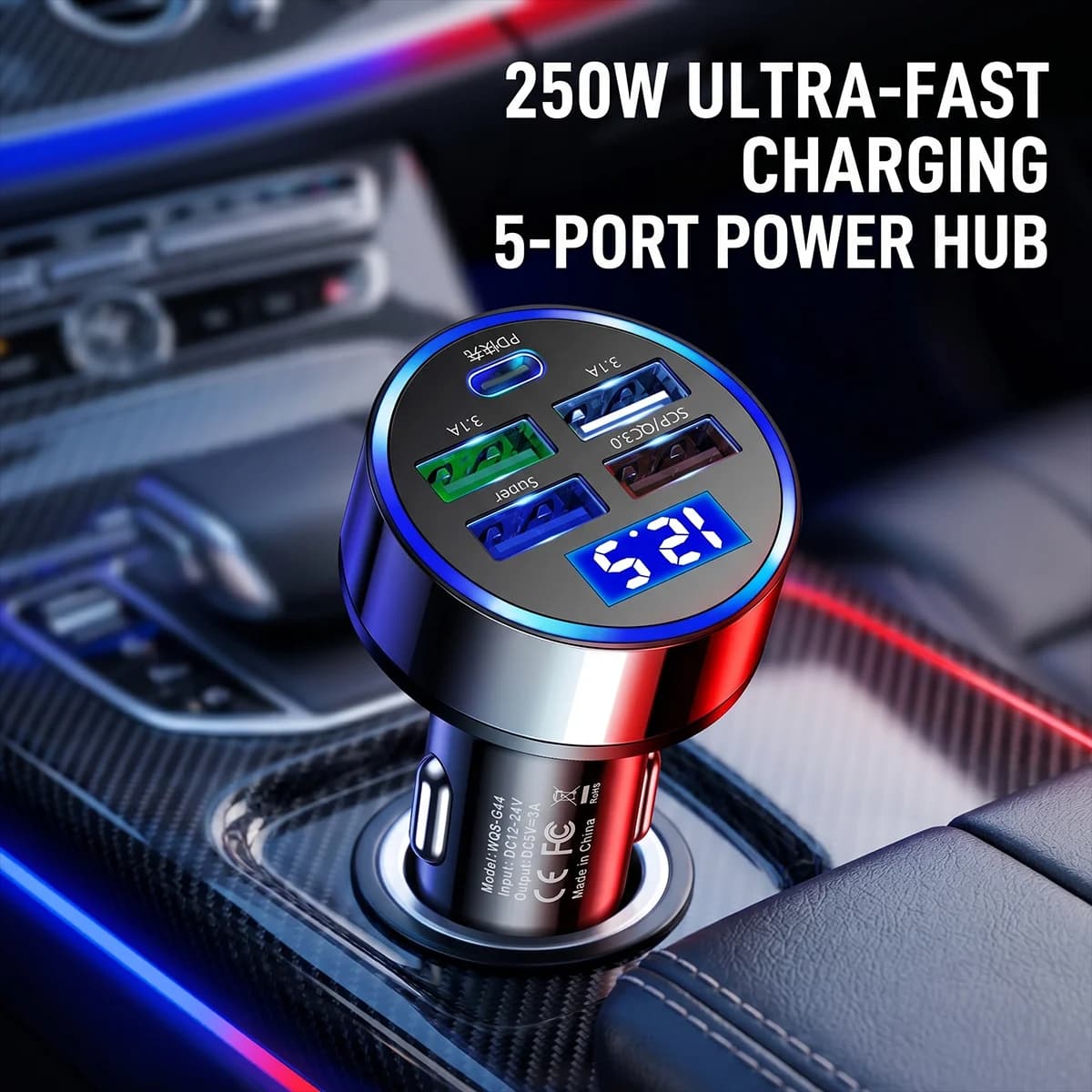 Adattatore Caricabatterie Auto 5-in-1 con Display LED Tensione, Hub di Ricarica Rapida Multi-Porta, PD Type-C e 4 USB, Accessori Auto