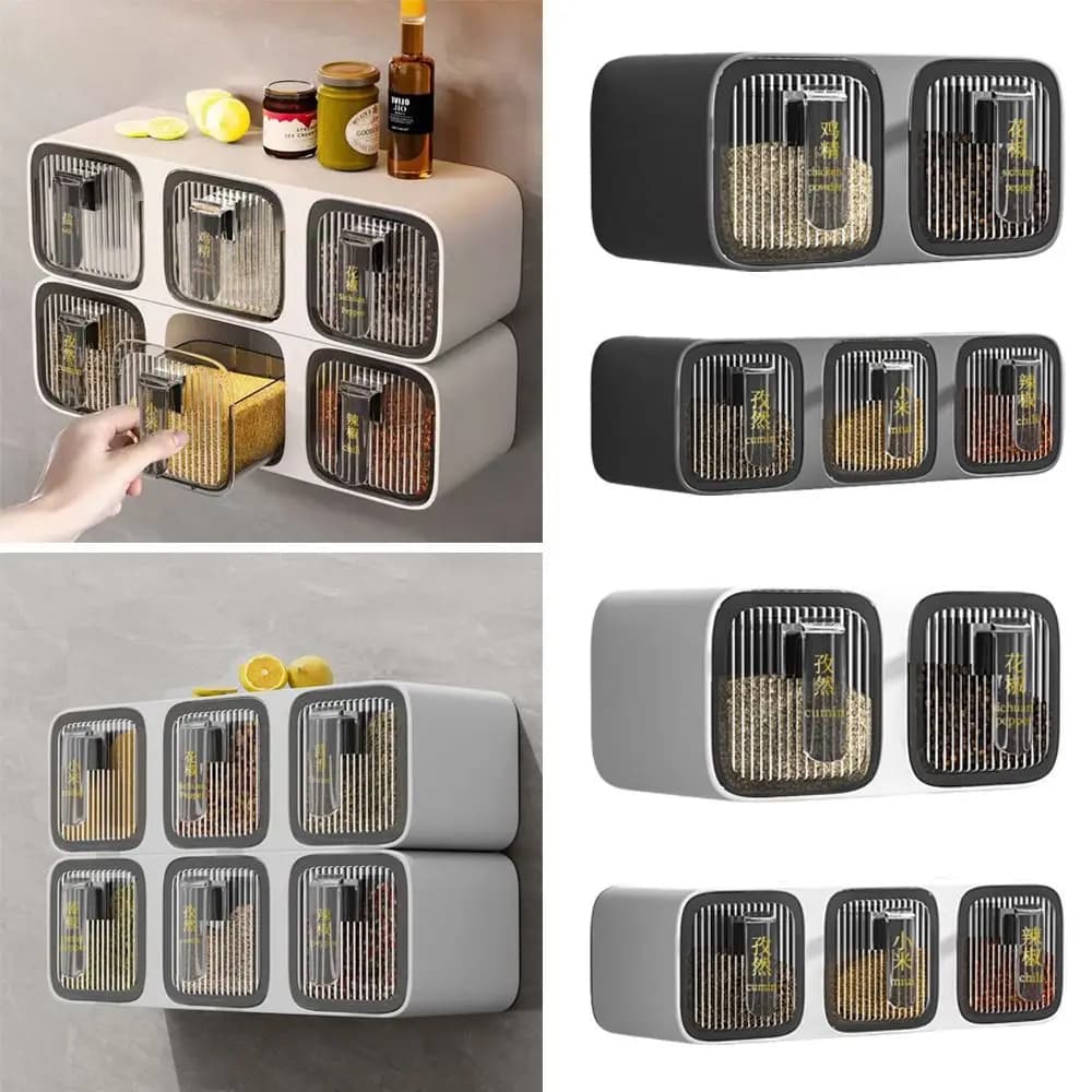 Scatole per spezie per montaggio a parete Bianco Grigio 2/3 Griglie Contenitore per condimenti Sale Msg Zucchero Set combinato di condimenti in plastica