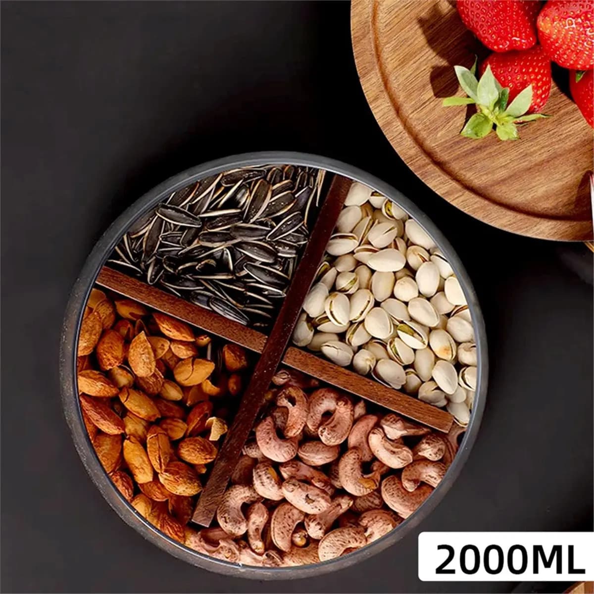 Contenitore in Vetro per Alimenti con Coperchio in Legno, Organizer Multicomparto per Snack e Frutta, per Cucina, Soggiorno e Servizio da Tavolo