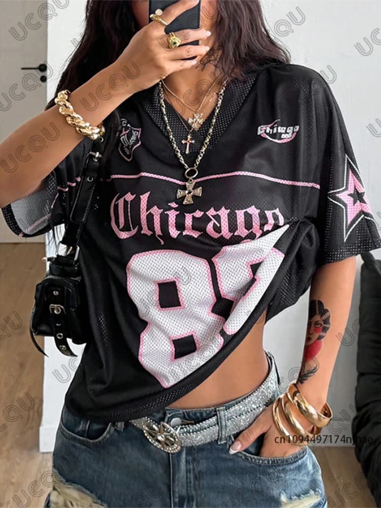 Nuova Maglietta Estiva da Donna con Stampa Chicago No.88, Scollo a V, Maniche Corte, Stile Patchwork, Jersey Sportiva da Calcio, Top Oversize Y2K