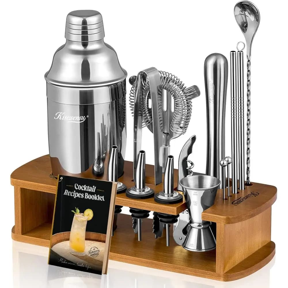 Kit da Barman Premium con Supporto | Strumenti Essenziali per Cocktail in Argento: Shaker, Jigger, Strainer, Cucchiaio, Muddler, Versatori