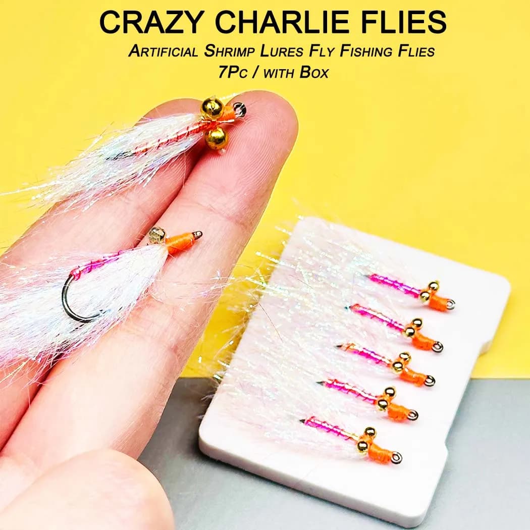 Set di 7 Mosche Artificiali per Pesca a Mosca con Scatola, Esche Crazy Charlie, Esche Artificiali a Forma di Gamberetto per la Pesca di Salmone e Trota