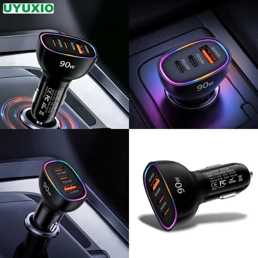 Super Fast Charging 90W Car Charger Multi Port Dual PD 30W Type C USB A 30W Power Adapter PPS QC3.0 SCP RGB Ambient Light Power