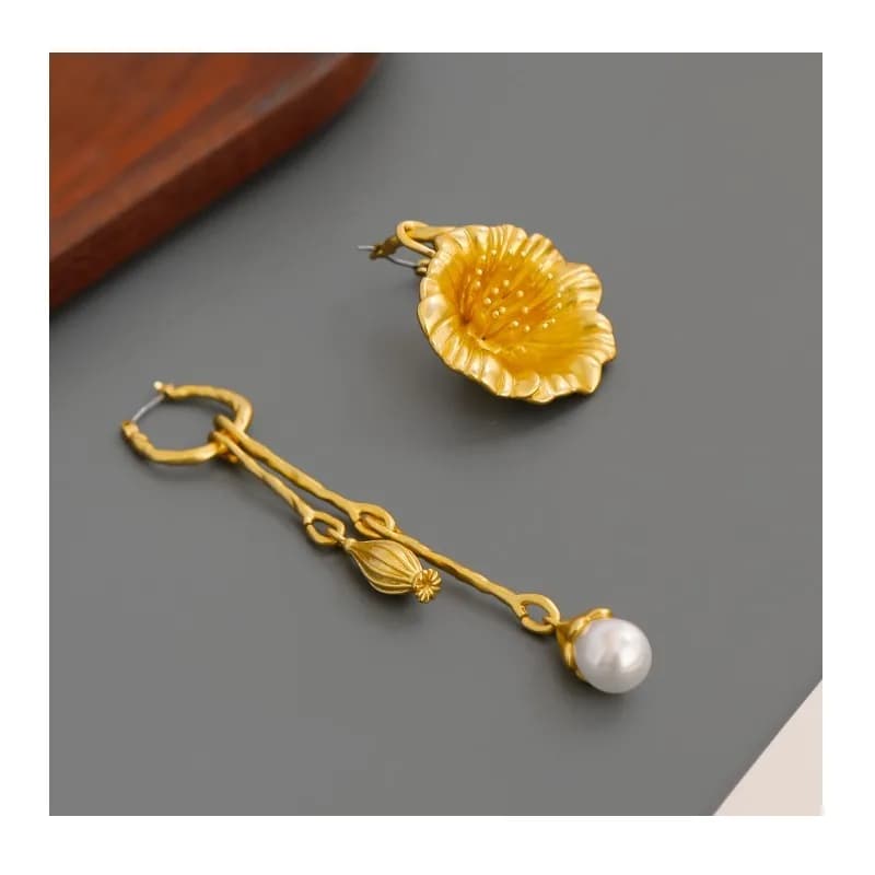 Home Poppy Stud Earrings Summer French Fine Elegance Light Luxury Vintage Asymmetrical Flower Pearl Stud Earrings