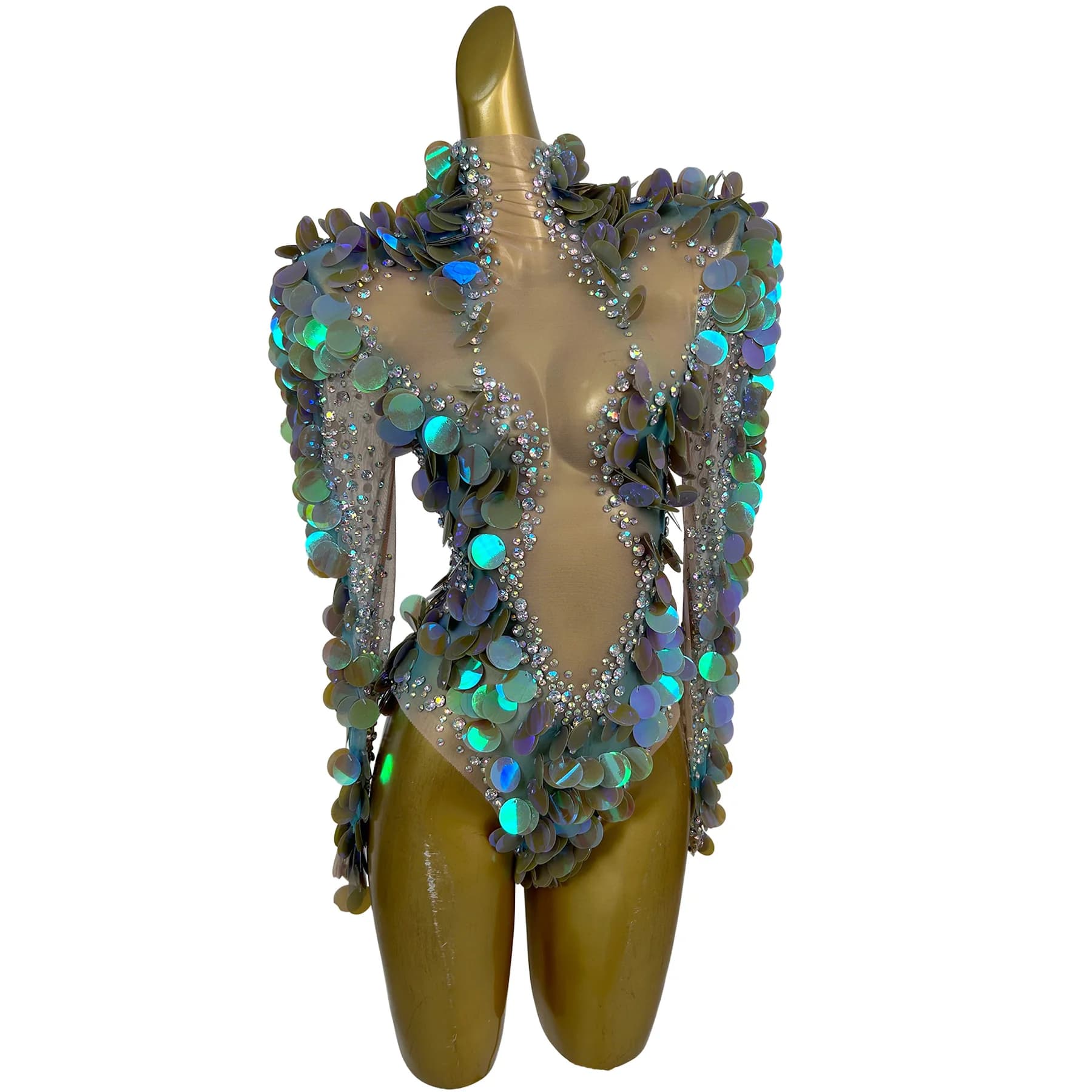 Yupi Women High Neck Long Sleeve Iridescent Sequin Rhinestone Bodysuit Nude Mesh Cutout Stage Dance Performance Costume