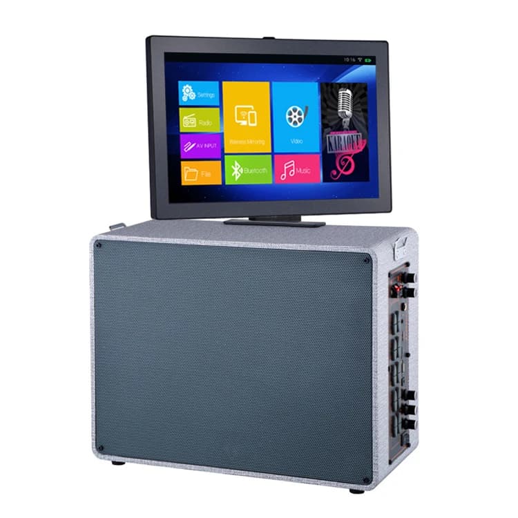 Sistema di karaoke professionale wireless con tablet integrato da 15 pollici, sistema di altoparlanti PA portatile con visualizzazione delle parole, 2023.