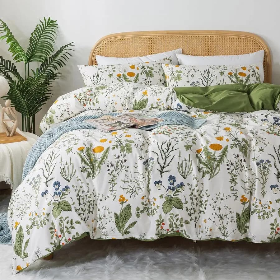 100% Percalle Cotton Floral Queen Cover, Botanical Print with Flowers and Green and Yellow Leaves, Reversible, Comfortable