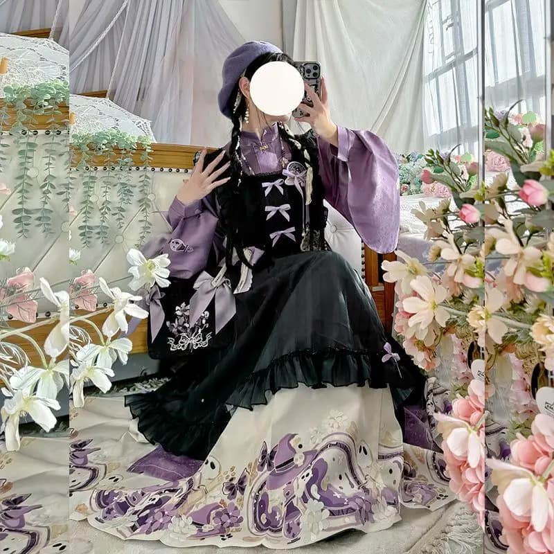 Dolce cinese colletto alla coreana viola abito camicia lunga donna autunno inverno Lolita ricamato grembiule con fionda set di gonne a pieghe stampate