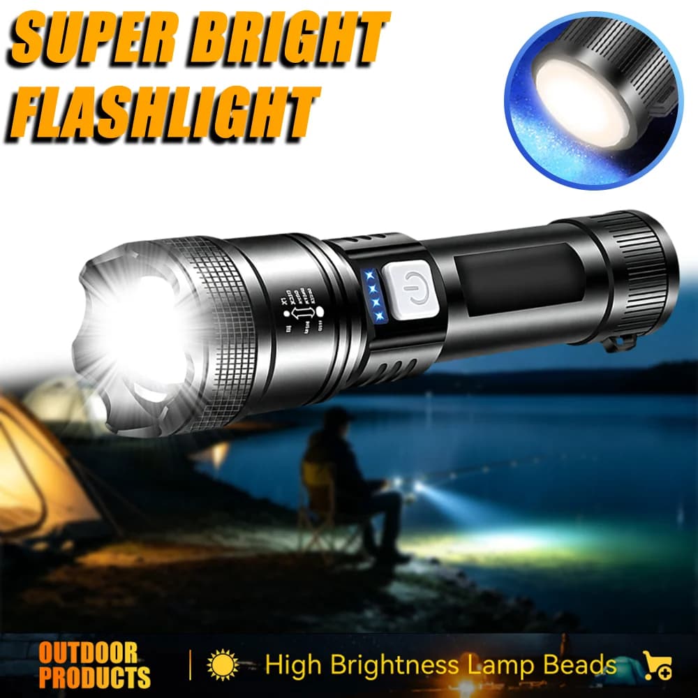 Potente torcia a LED ricaricabile tramite USB con batteria integrata, zoom telescopico, lampada super luminosa, luce di emergenza per esterni