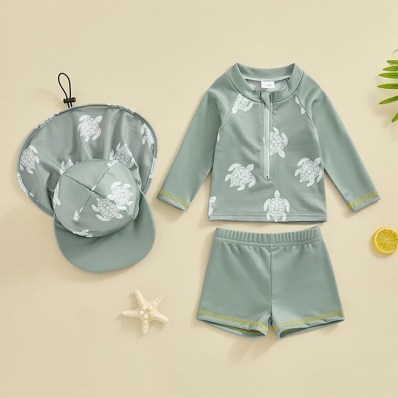 Kids swimwear summer bathing suit for babies 3 pieces t-shirt with turtle print with shorts swimsuit swimsuits with bath head
