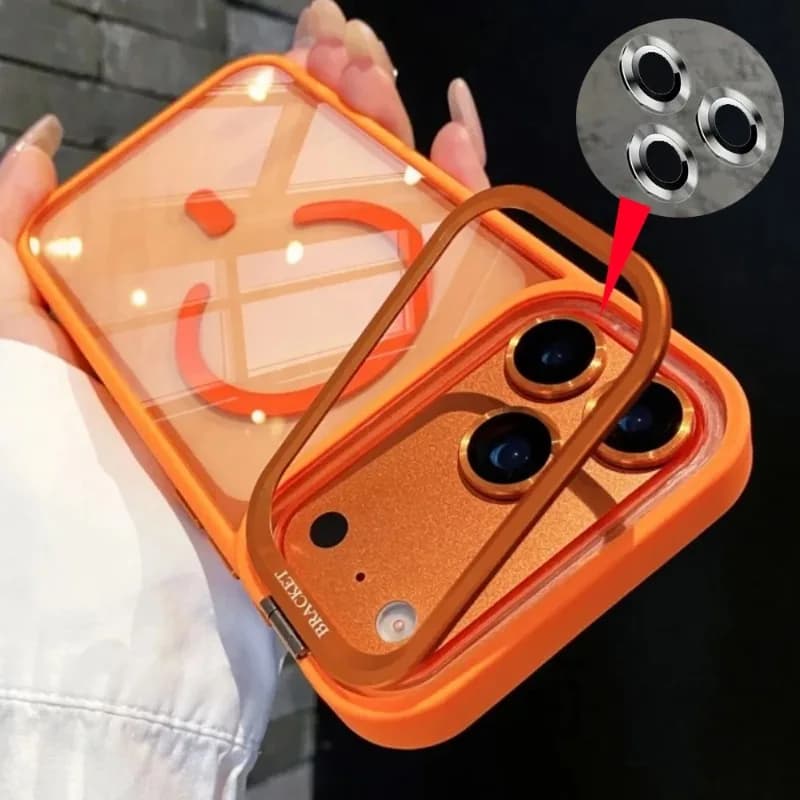Metal Lens Stand Magnetic Case For iPhone 17 Pro Max 16 15 Plus 14 13 Air for Magsafe Lens Glass Film Clear Phone Holder Case