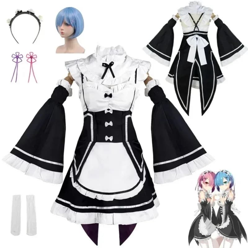 Rem Ram Anime Re: Vita in un mondo diverso da zero Costume cosplay Rem Maid uniforme Costume cosplay di Halloween set completo da donna