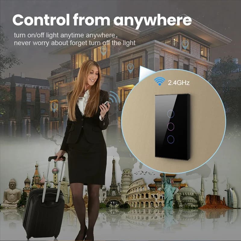 Interruttore da parete intelligente ingegnoso-Wifi Interruttori della luce a LED Sensore tattile intelligente a 3 gruppi Spina americana nera