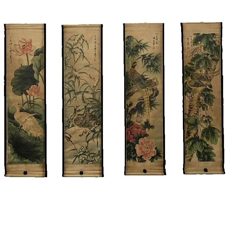Chinese Ancient Paper Calligraphy & Painting Scrolls Set - Four Pairs of Renowned Murals including Pan Tianshou's Lotus And Bird