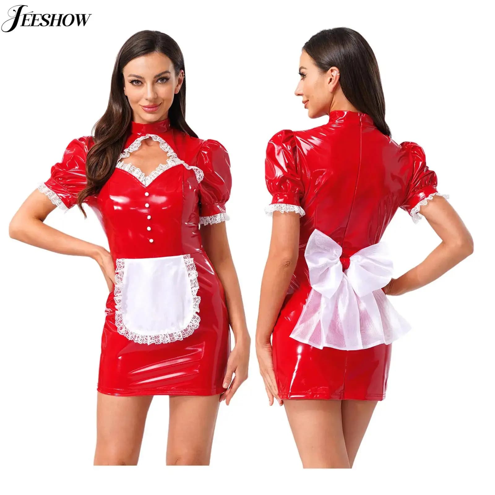 Womens French Maid Costume Patent Leather Lace Trim Cut Out Bodycon Mini Dress Servant Uniforms Halloween Cosplay Fancy Dress