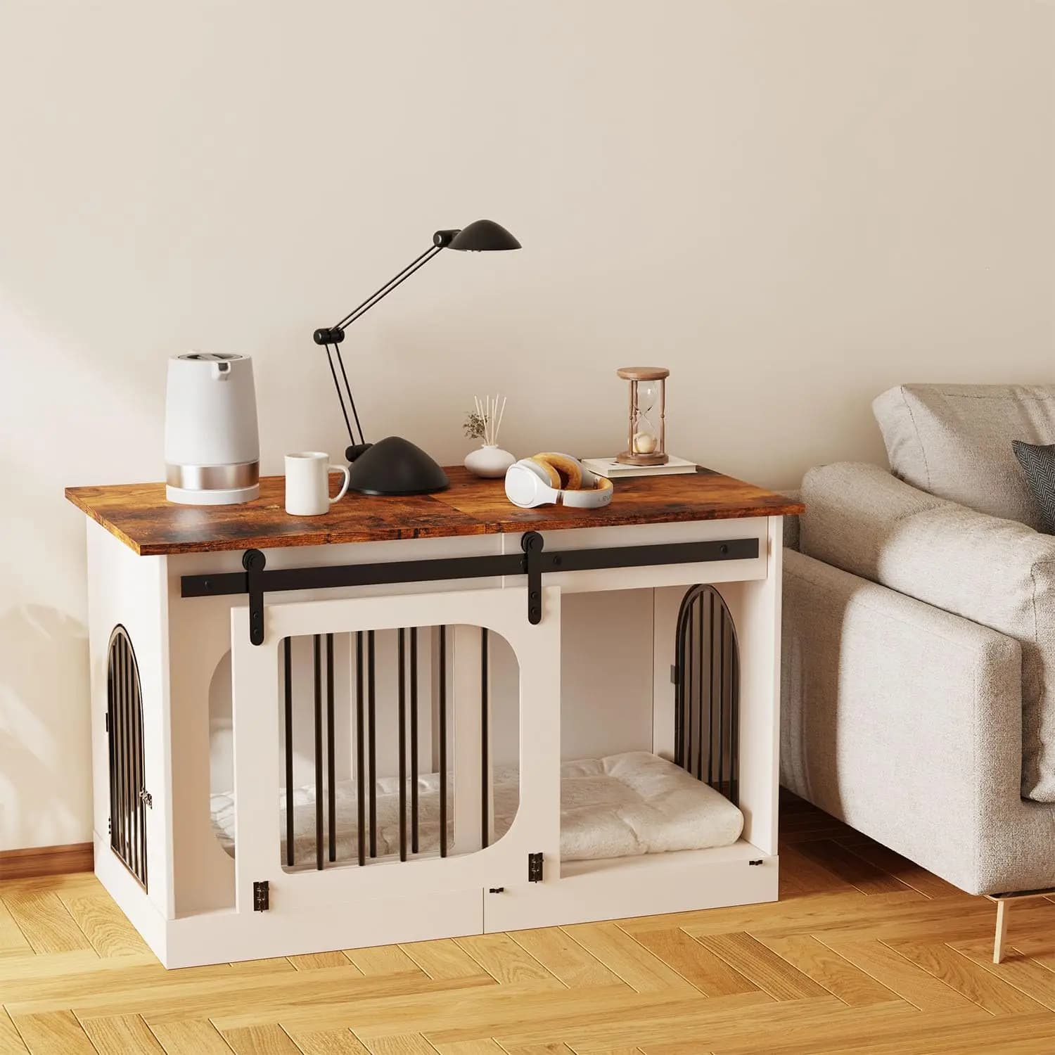Cuccia per Cani da Interno, in Legno Spesso, Bianca, Stile Rustico da 100 cm con Cuscino per Cani di Piccola/Media/Grande Taglia